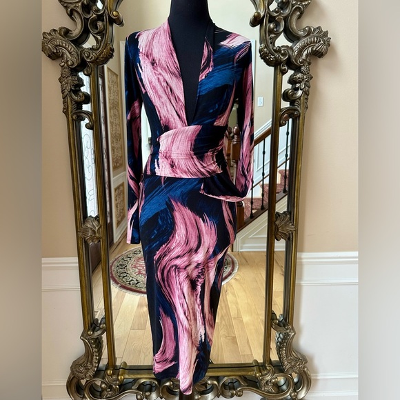 Artistic Side Mauve/Navy Abstract Long Sleeve Midi Dress (New without Tag) - Picture 9 of 12